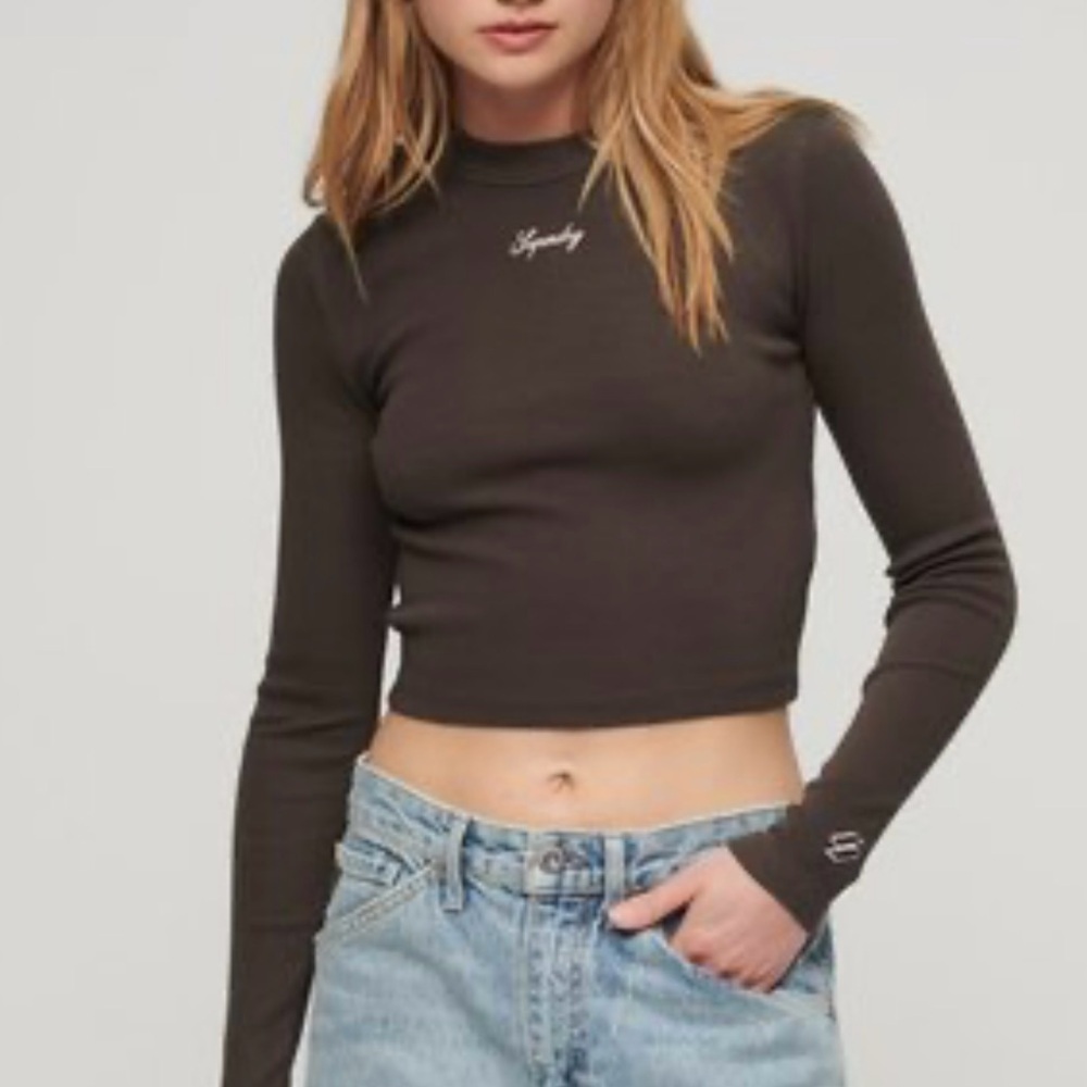 New SuperDry Ribbed Long Sleeve Embroidered Crop Top Shirt